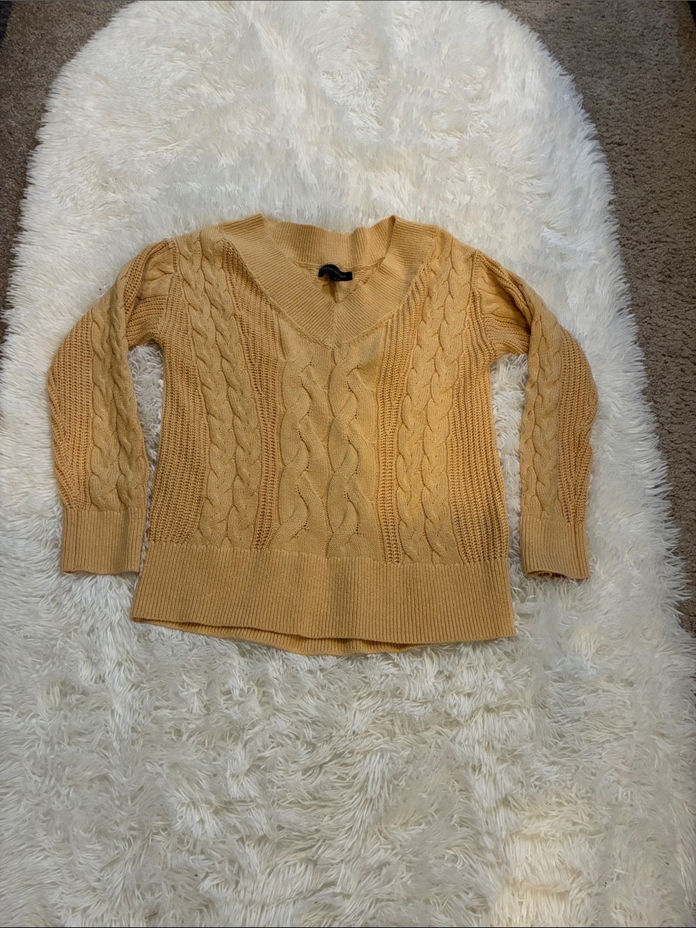 Banana Republic Cable-Knit V-Neck Sweater in Mustard Yellow
